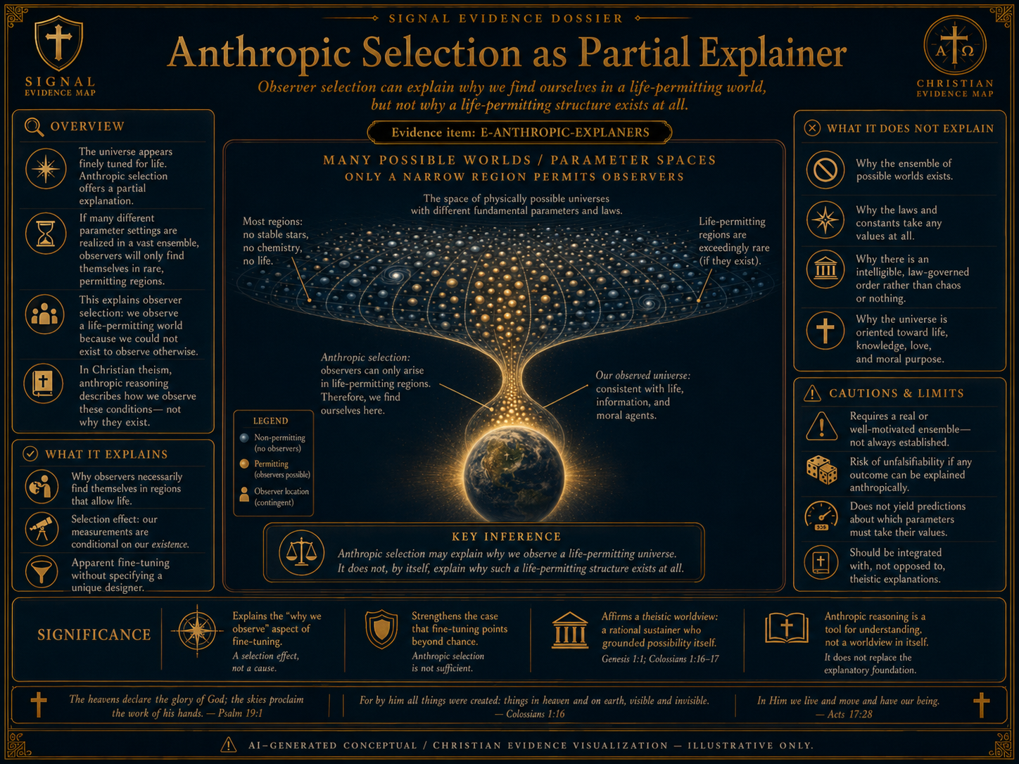 Anthropic Selection Evidence Dossier visual overview for Anthropic selection as partial explainer. AI-generated conceptual / scientific visualization ? illustrative only, not experimental data. Presented inside a Christian evidence map.