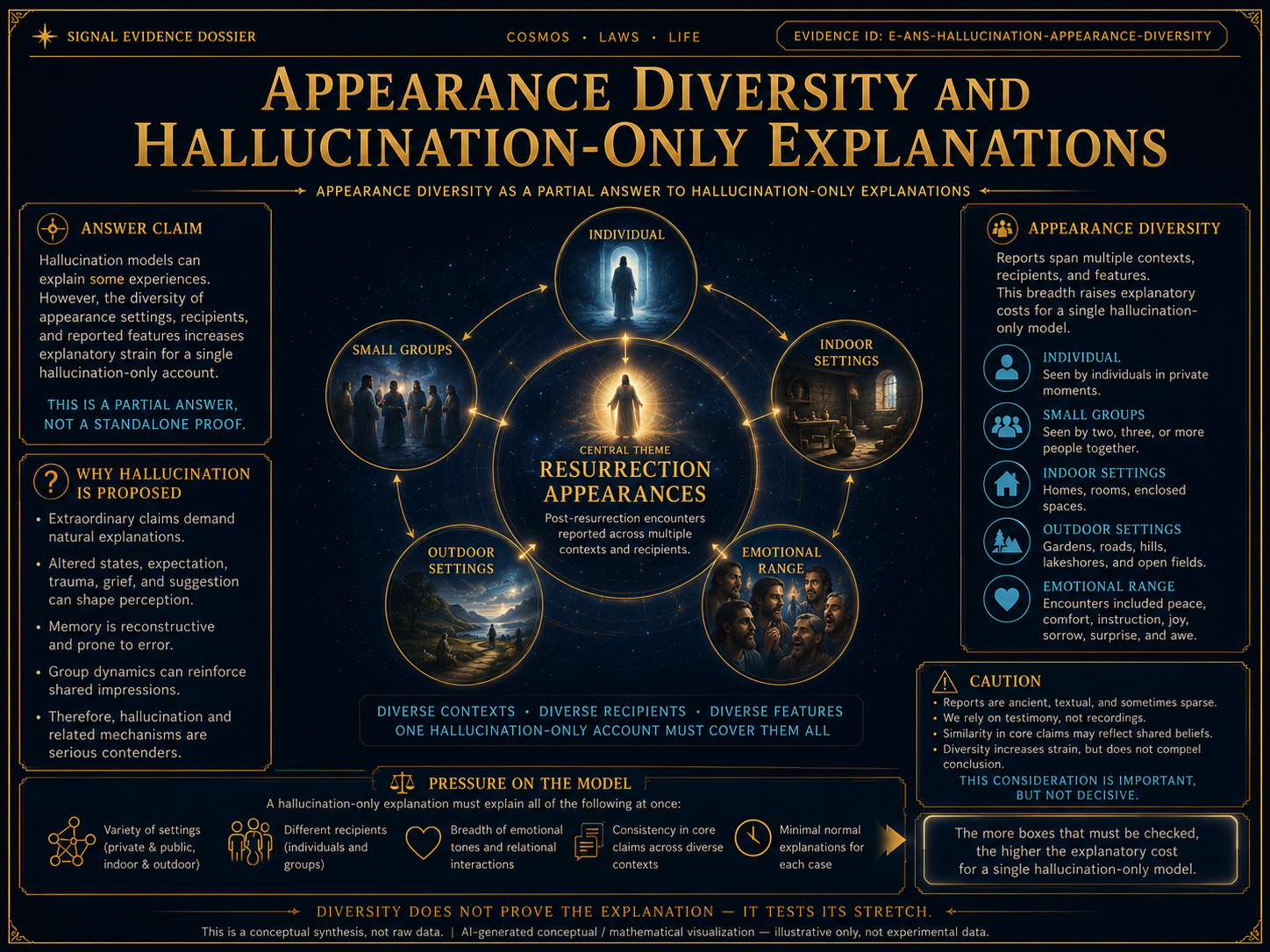 AI-generated comparative visualization for Appearance diversity as a partial answer to hallucination-only explanations. Illustrative only, not experimental data.