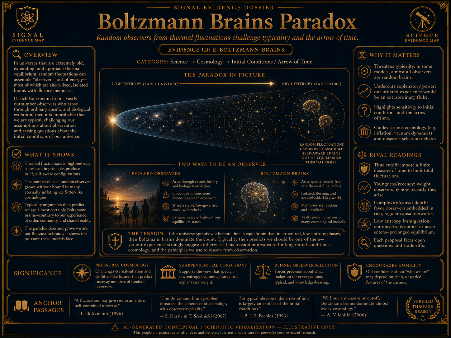 Boltzmann Brains Paradox Infographic visual overview for Boltzmann brains paradox. AI-generated conceptual / scientific visualization - for illustration only, not experimental data. Presented inside a Christian evidence map.