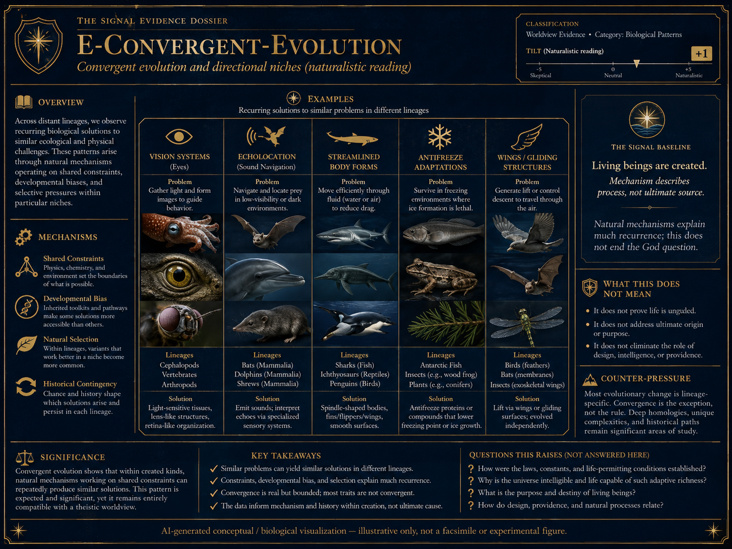 AI-generated conceptual and biological visualization of convergent evolution and directional niches, showing similar solutions in different creatures, natural mechanisms, constraints, and created order.