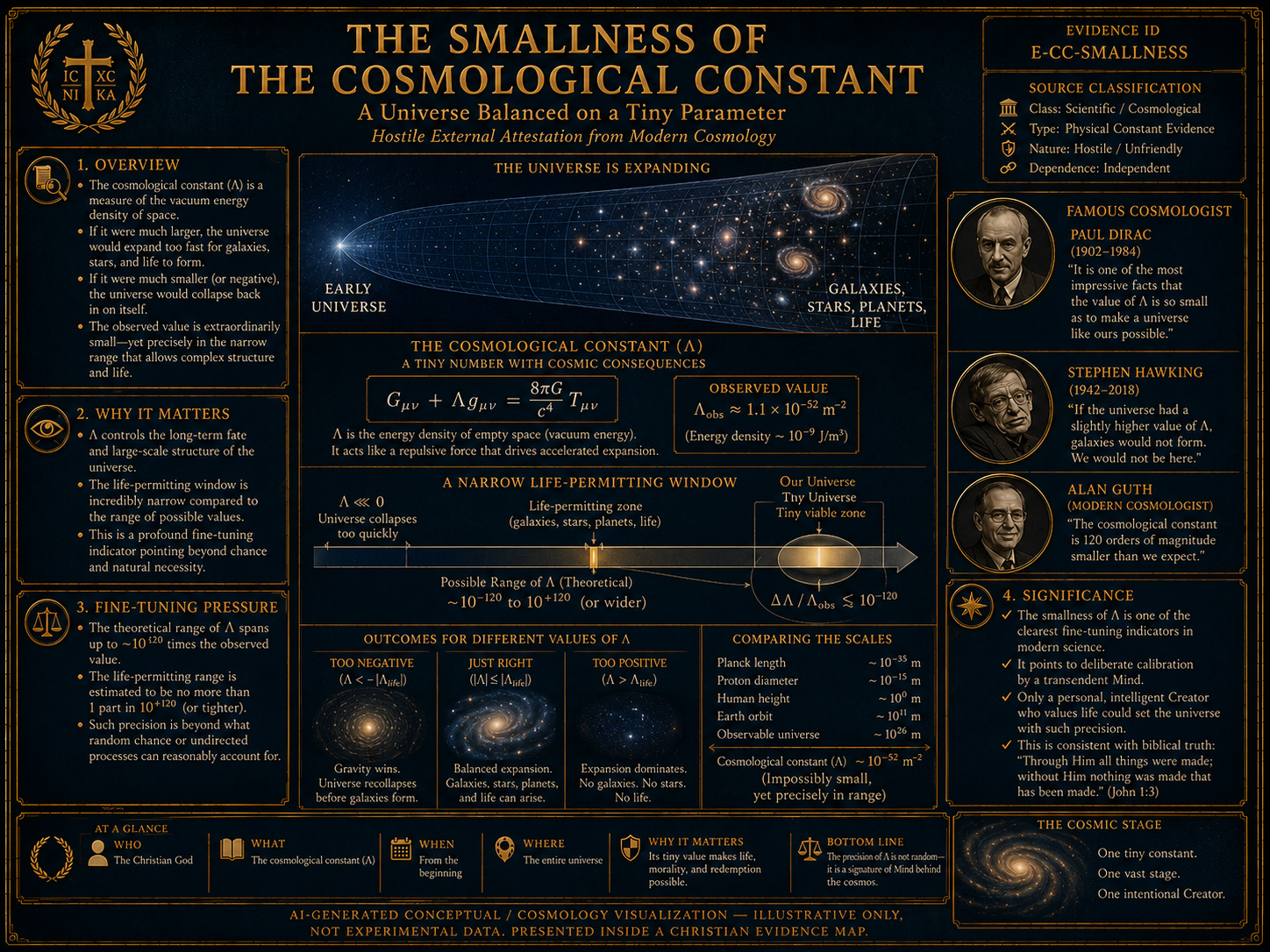 AI-generated conceptual and scientific visualization of the smallness of the cosmological constant, showing vacuum energy, cosmic expansion, fine-tuning pressure, and life-permitting structure.