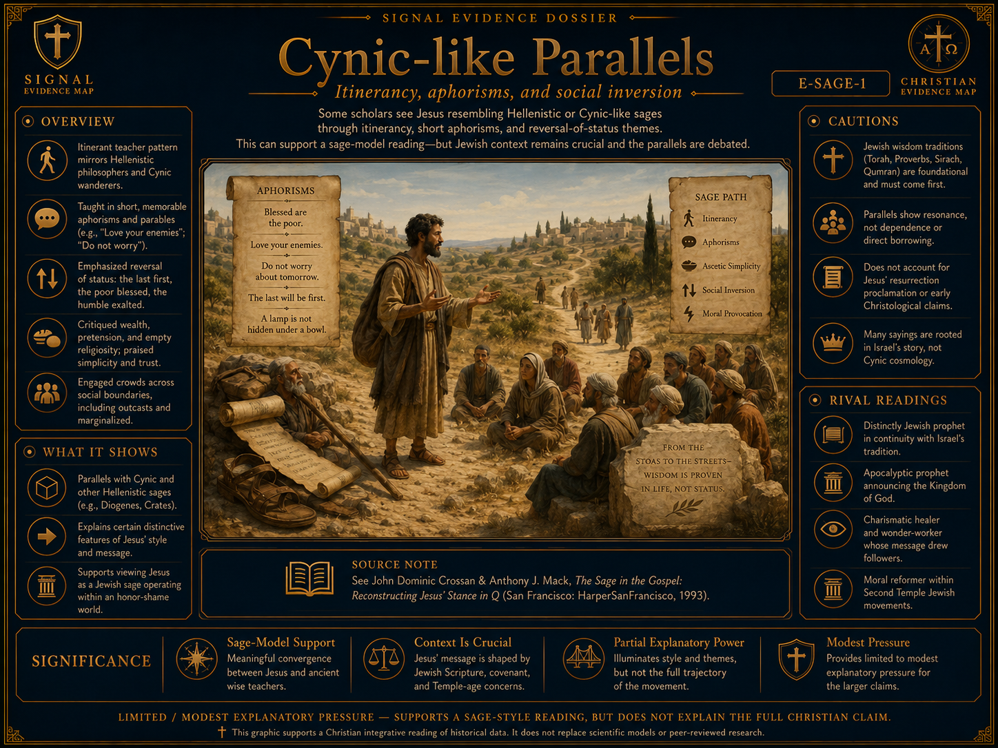Cynic Like Parallels In Jesus Teachings visual overview for Cynic-like parallels: itinerancy, aphorisms, social inversion. AI-generated comparative / apologetic visualization - illustrates a pressure, rival reading, or bounded explanatory claim inside a Christian evidence map. Not a statement of final endorsement.