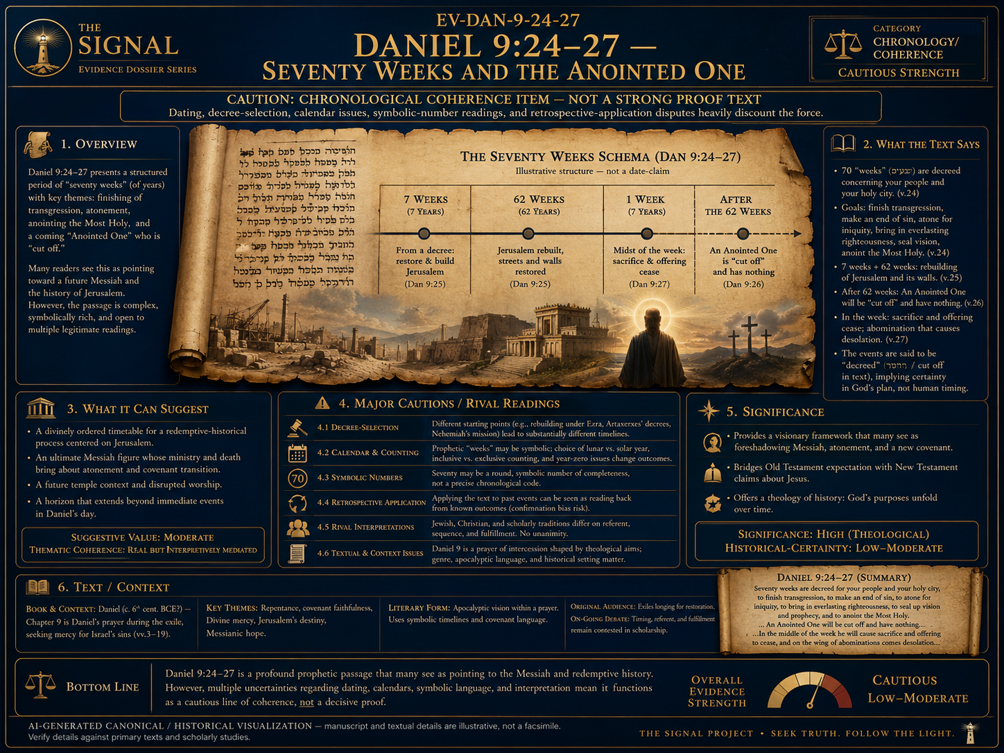 AI-generated canonical and historical visualization of Daniel 9:24-27, showing the seventy weeks, restoration, an anointed one, judgment, and disputed messianic chronology.