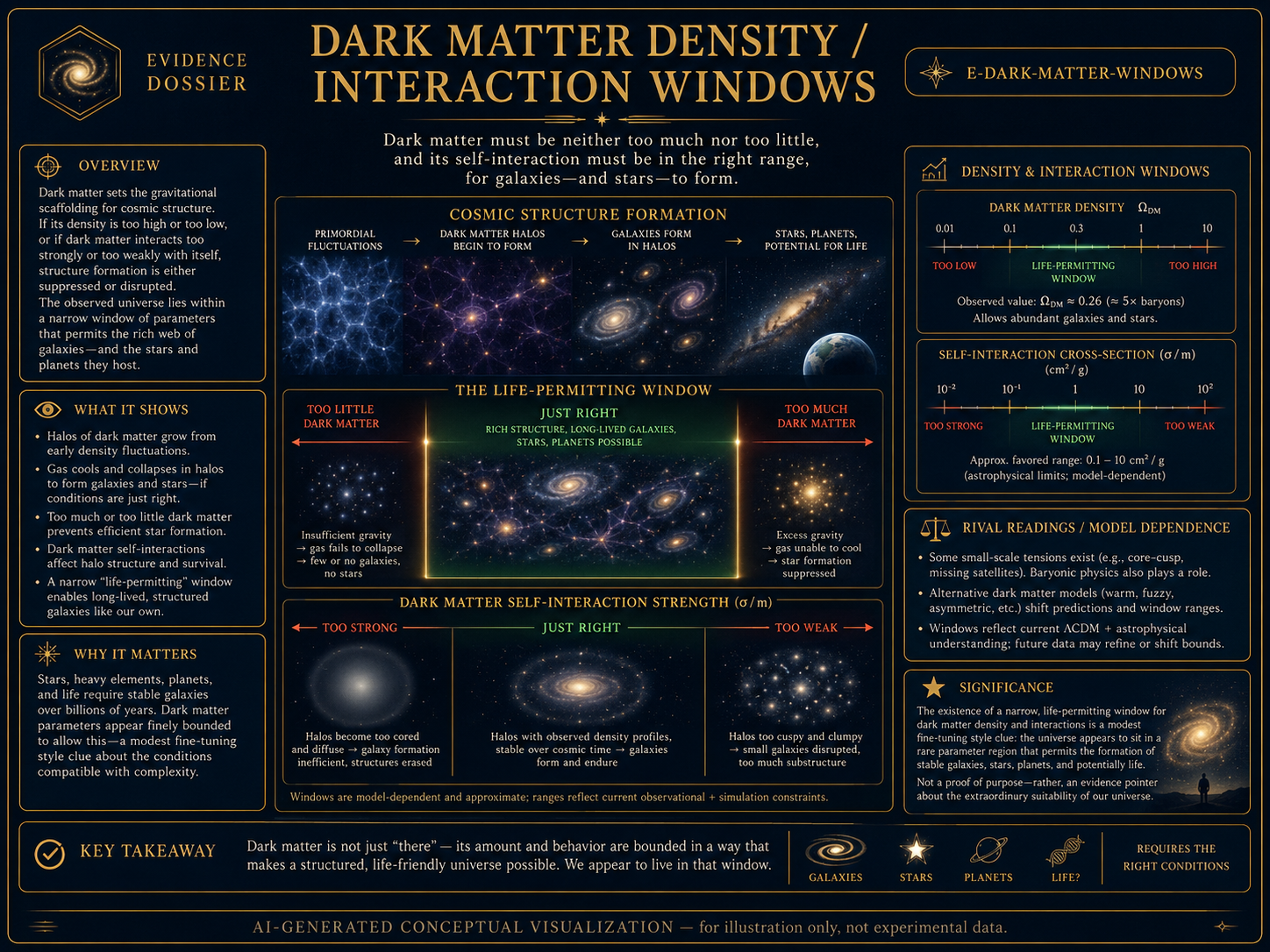 AI-generated conceptual visualization of dark matter density and interaction windows, showing invisible gravitational structure, galaxy formation, cosmic scaffolding, and life-permitting cosmology.