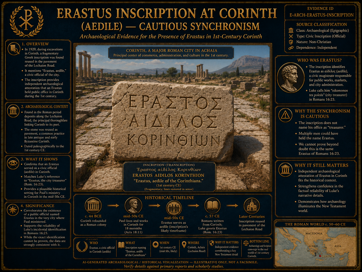 AI-generated archaeological and historical visualization of the Erastus inscription at Corinth, showing inscription context, civic office, Pauline setting, and cautious synchronism.