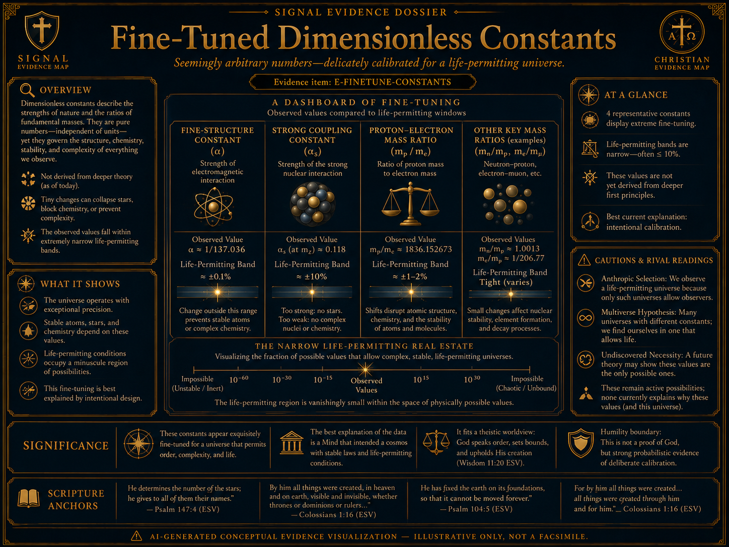 Fine Tuned Constants Evidence Dossier visual overview for Fine-tuned dimensionless constants — α, αs, and mass ratios. AI-generated conceptual / scientific visualization ? illustrative only, not experimental data. Presented inside a Christian evidence map.