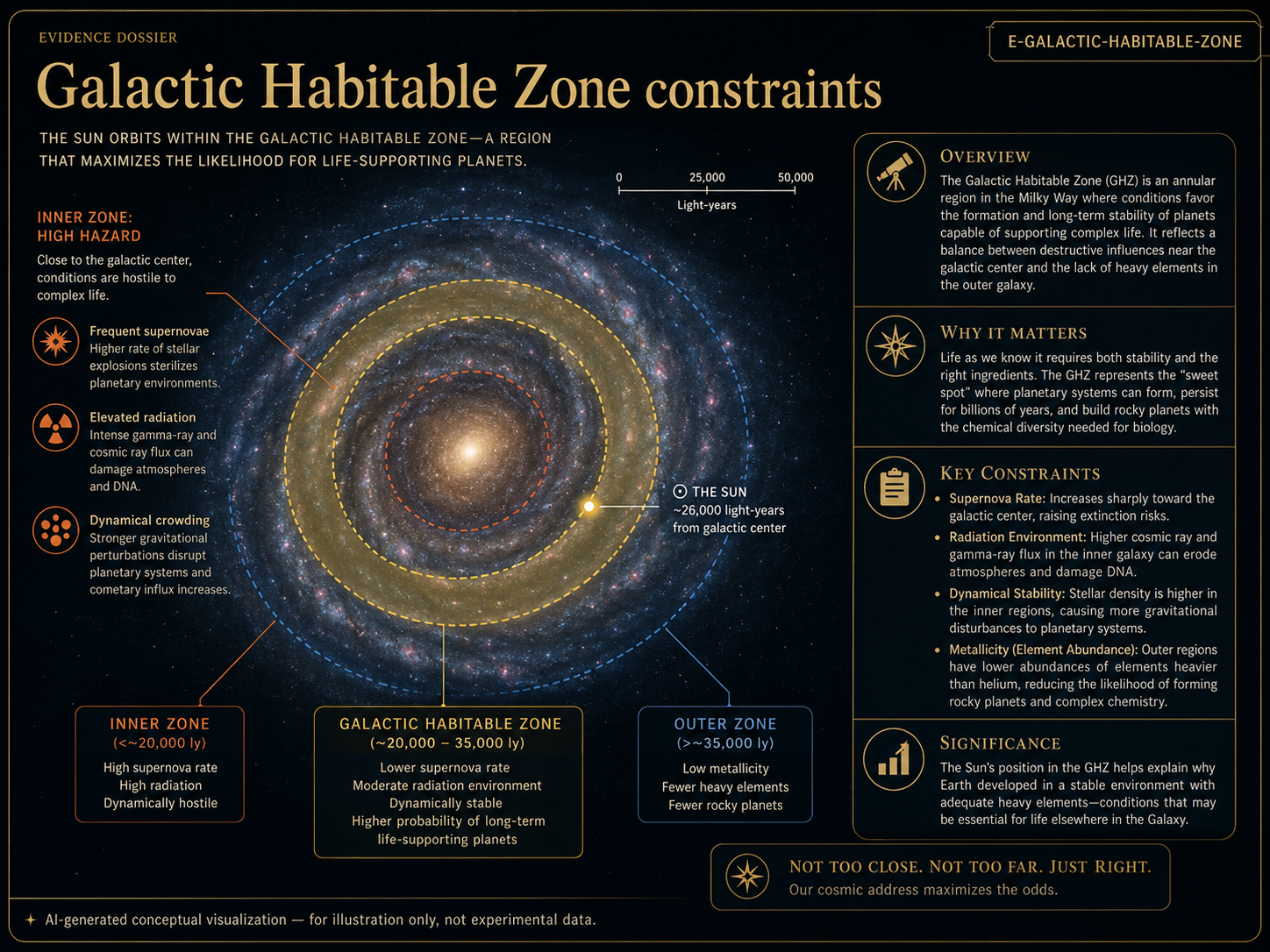 AI-generated conceptual visualization of the galactic habitable zone, showing safer and more hazardous regions of a galaxy, metallicity, stellar density, radiation risks, and habitable planetary systems.