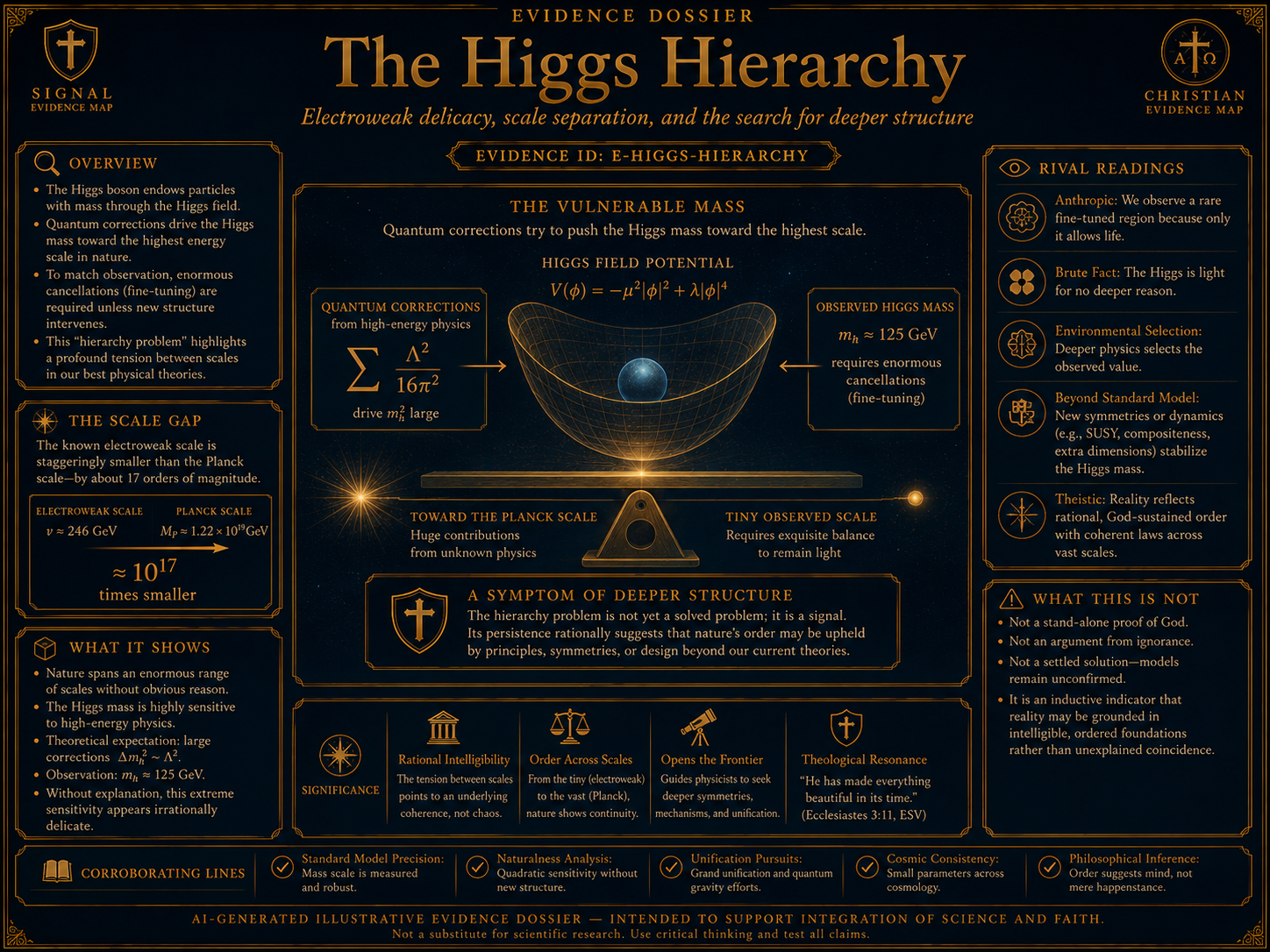 Higgs Hierarchy And Cosmic Order visual overview for Hierarchy problem and electroweak scale. AI-generated conceptual / scientific visualization - for illustration only, not experimental data. Presented inside a Christian evidence map.