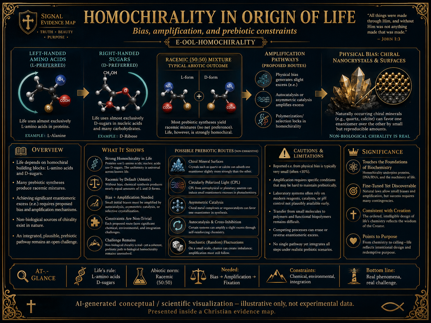 AI-generated conceptual scientific visualization of homochirality in the origin of life, showing molecular handedness, bias, amplification, prebiotic chemistry, and bounded mechanism pressure inside a Christian evidence map.