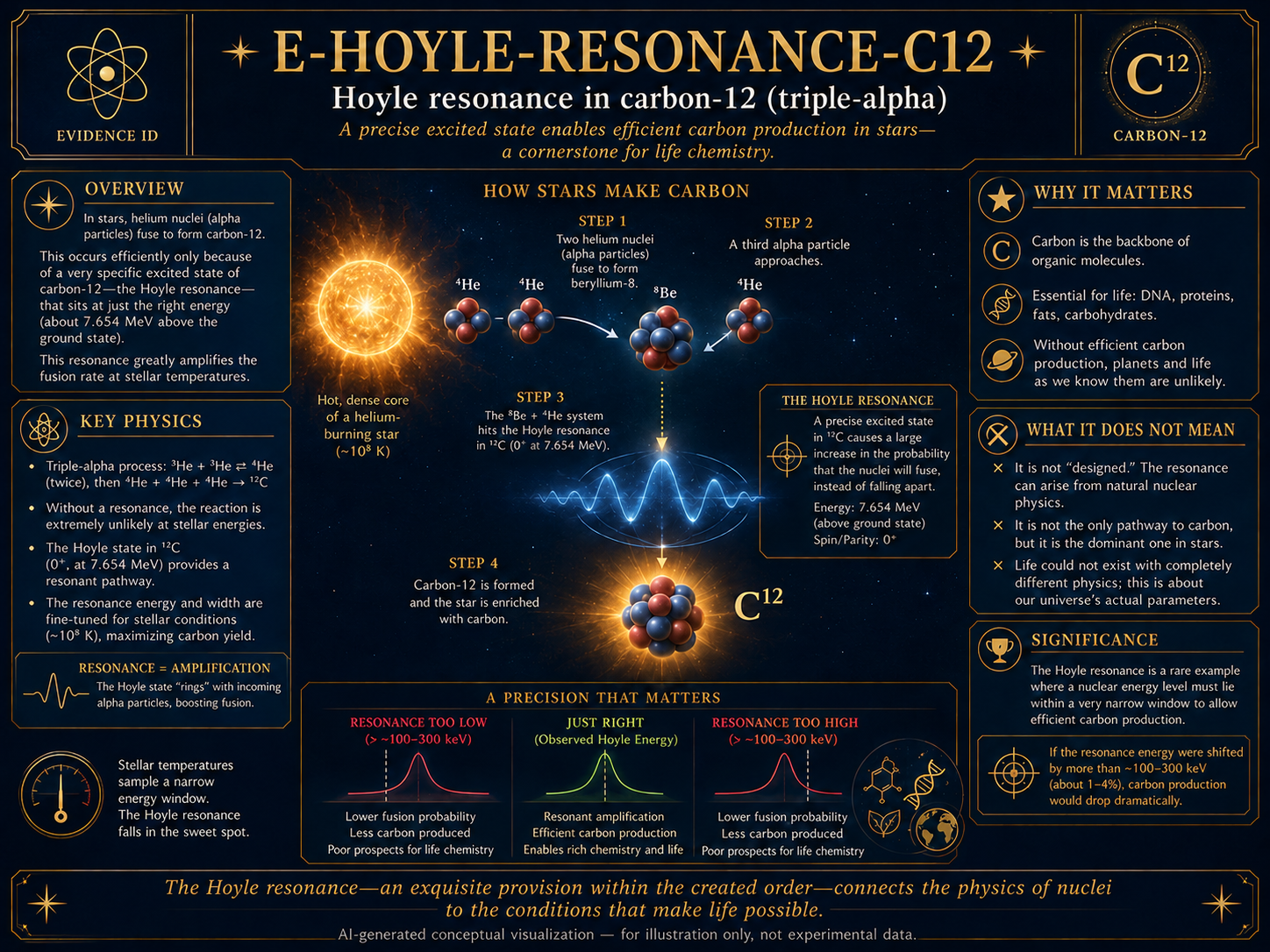 AI-generated conceptual visualization of the Hoyle resonance in carbon-12, showing the triple-alpha process in stars, helium nuclei forming beryllium-8 and carbon-12, resonance amplification, and the importance of carbon for life chemistry.