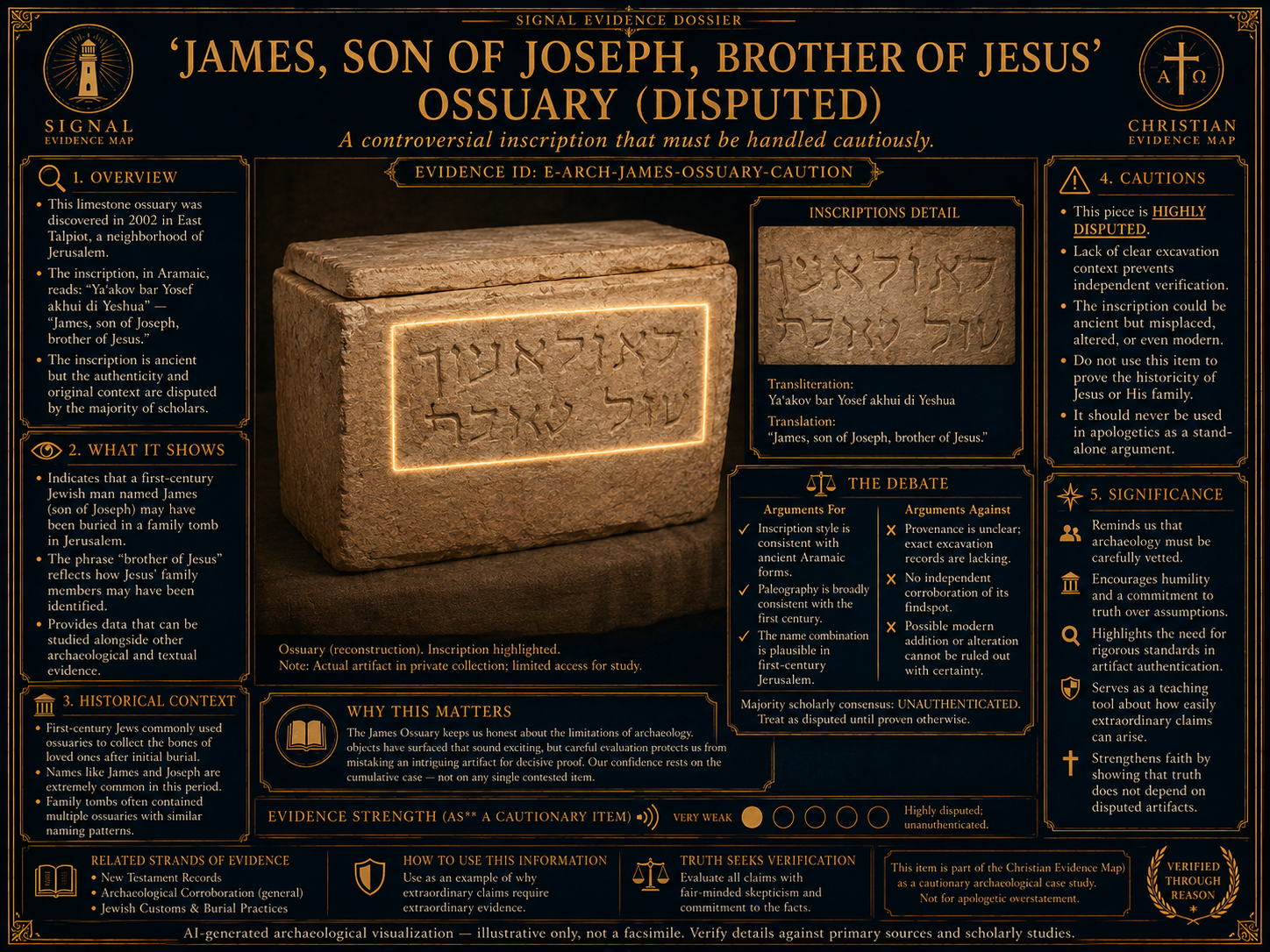AI-generated historical and archaeological visualization of the disputed James ossuary inscription, showing ossuary practice, provenance caution, inscription debate, and bounded historical relevance.