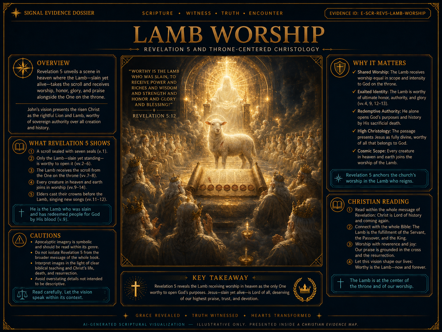 AI-generated conceptual visualization for Revelation 5: Lamb worship and throne-centered Christology. Illustrative only, not experimental data.