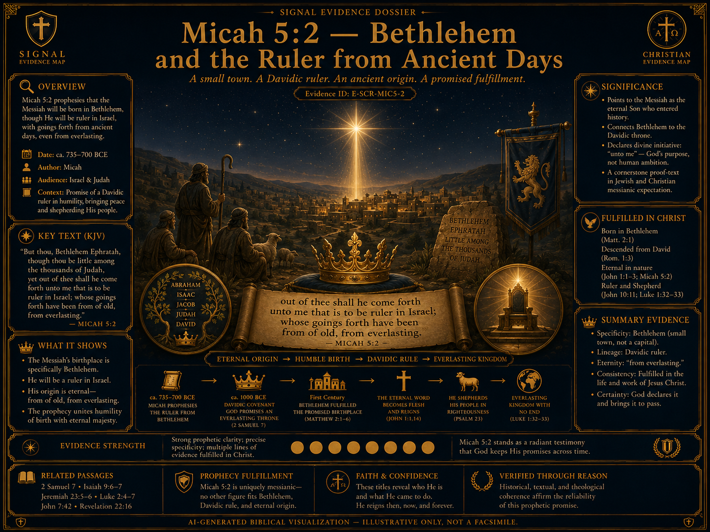 Micah 5 2 Bethlehem Prophetic Dossier visual overview for Micah 5:2 — Bethlehem birthplace. AI-generated biblical / historical visualization ? illustrative only, not a facsimile. Verify details against Scripture, primary sources, and scholarly studies.