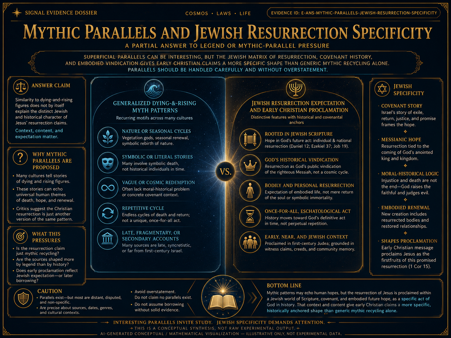 AI-generated comparative visualization for Mythic parallels and Jewish resurrection specificity. Illustrative only, not experimental data.