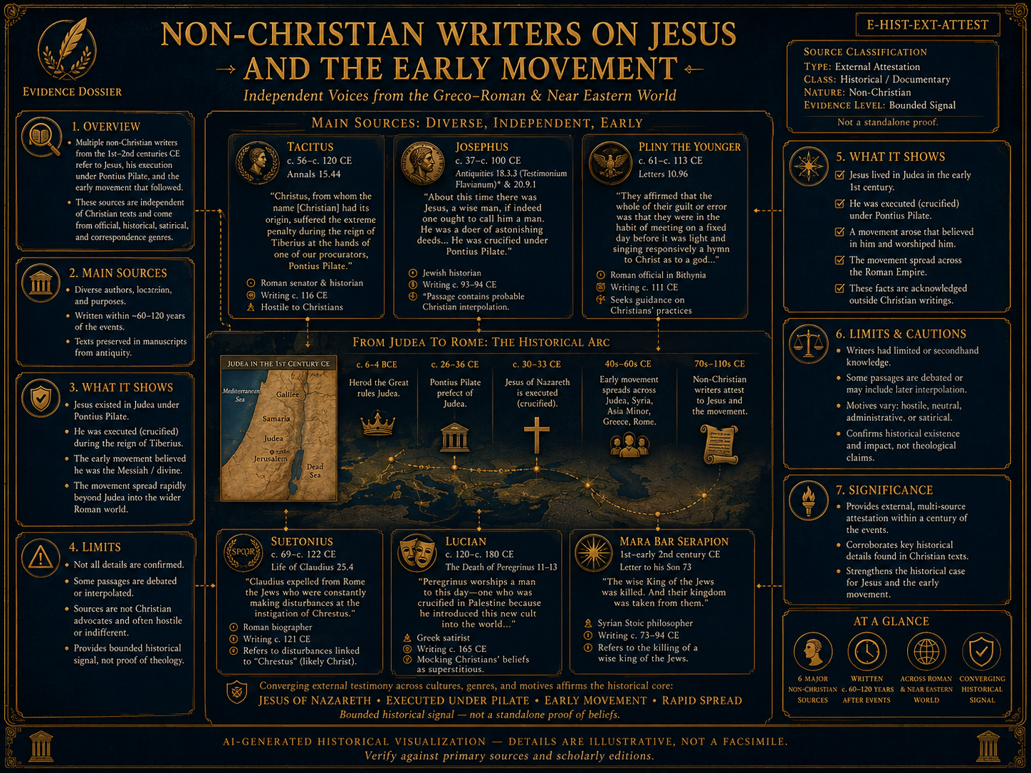 AI-generated historical visualization of non-Christian external sources for Jesus and the early Christian movement, including Roman, Jewish, and later historical witness streams.