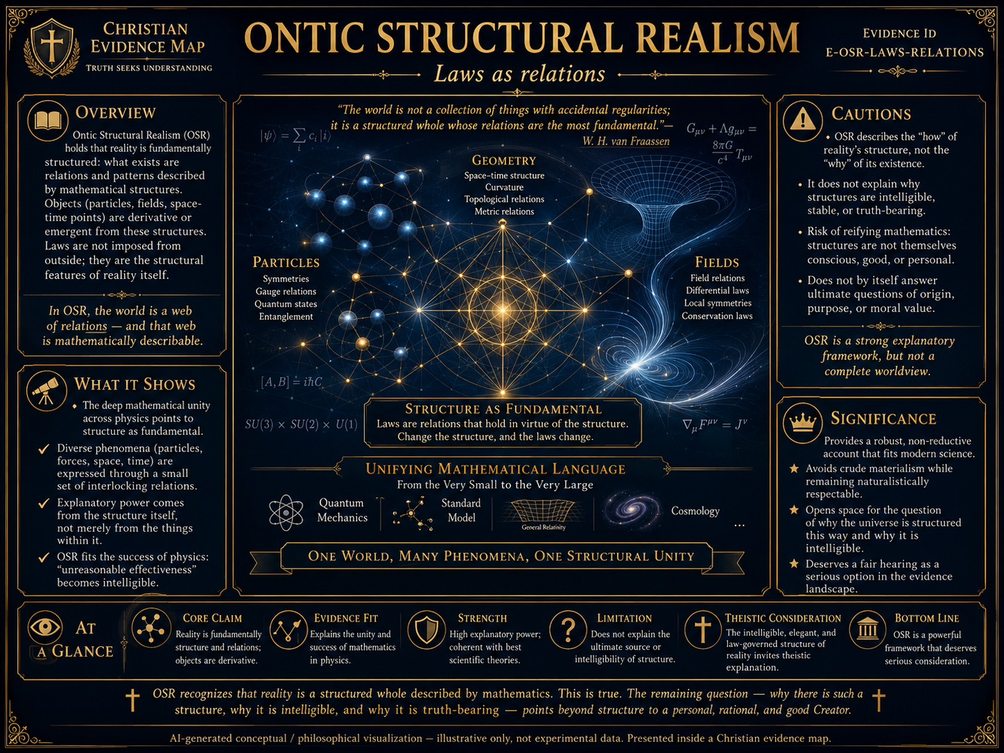 AI-generated conceptual mathematical visualization of ontic structural realism, laws as relations, mathematical structure, physical order, and bounded philosophical pressure inside a Christian evidence map.