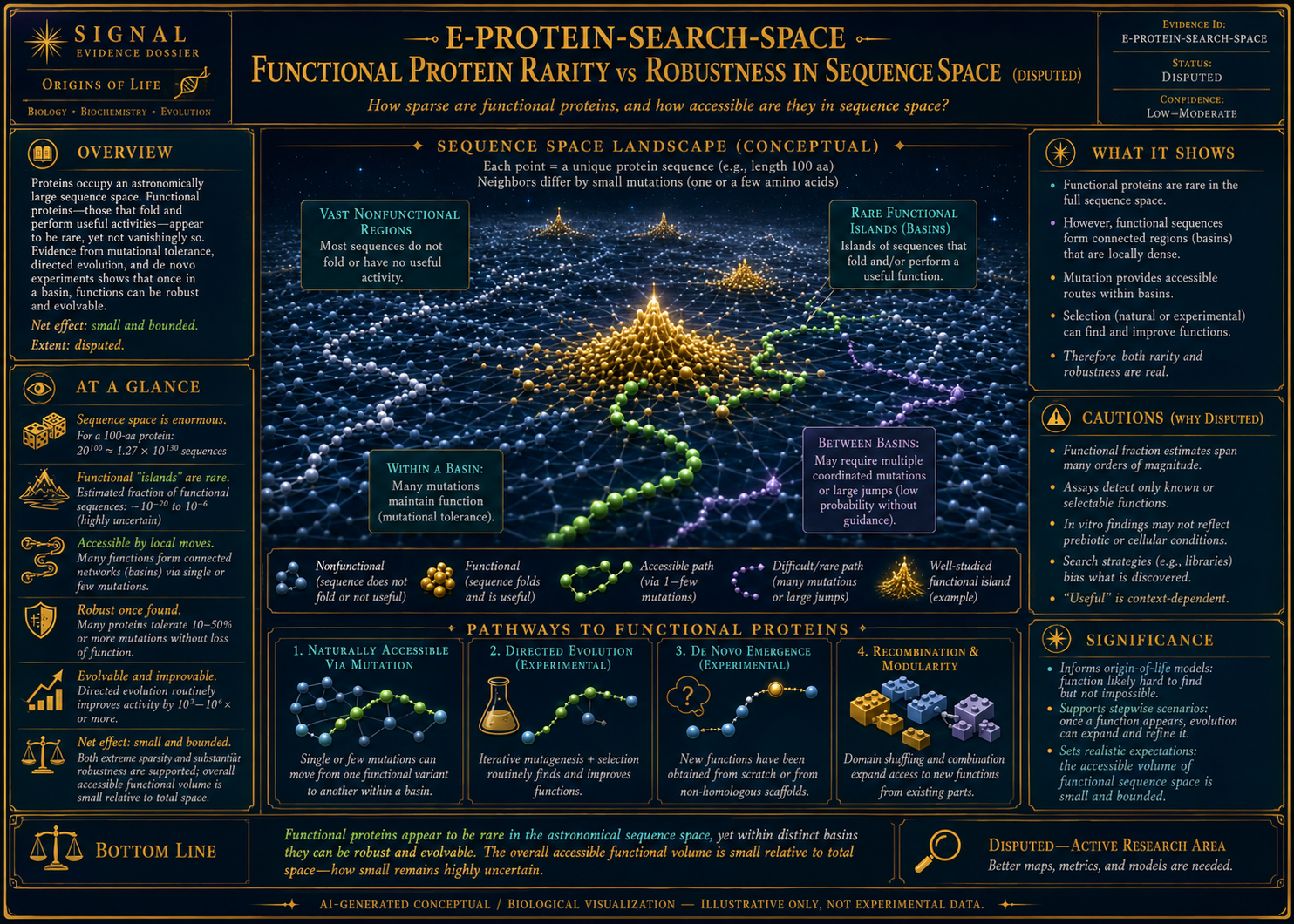 AI-generated conceptual biological visualization of functional protein rarity and robustness in sequence space, showing nonfunctional regions, rare functional islands, mutational tolerance, accessible paths, directed evolution, and disputed origin-of-function questions.
