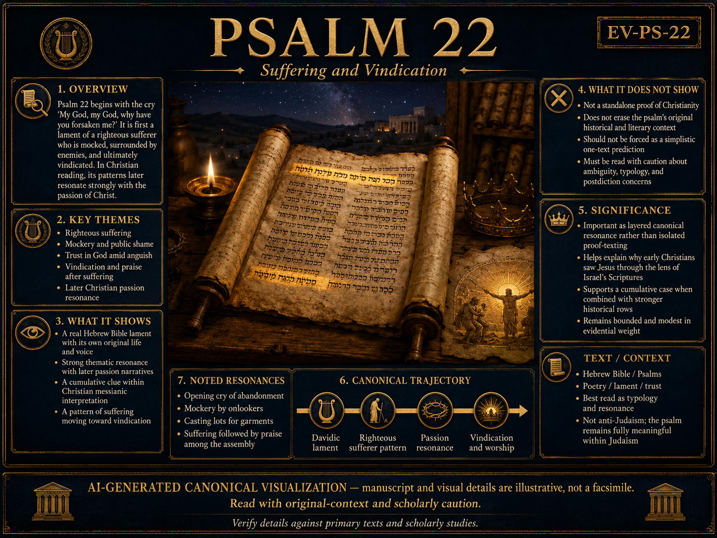 AI-generated canonical and historical visualization of Psalm 22, showing righteous suffering, mockery, lament, vindication, and later resonance with Jesus' passion.