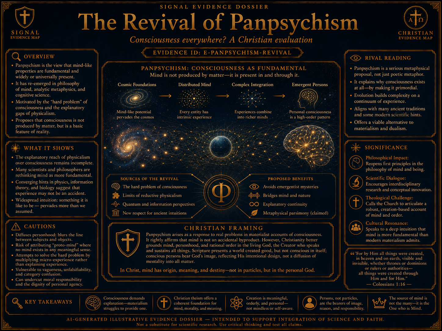 Revival Of Panpsychism Christian Evaluation visual overview for Revival of panpsychism. AI-generated evidence visualization - illustrative only. Presented inside a Christian evidence map.