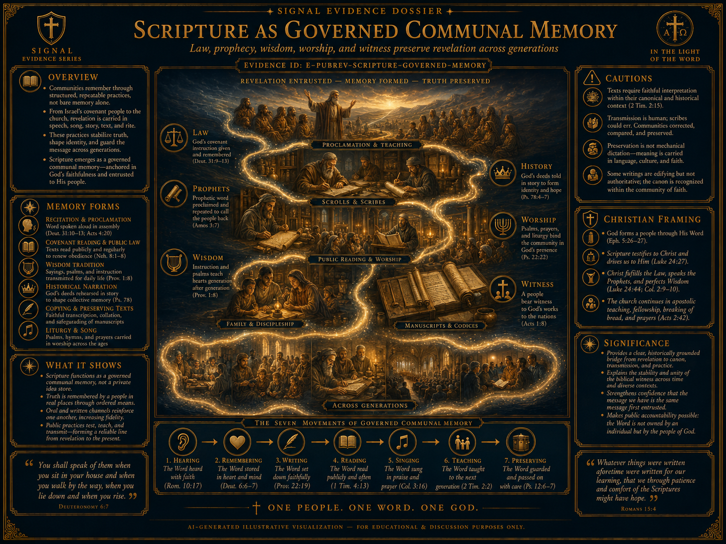 Scripture as governed communal memory visual overview. AI-generated conceptual / theological visualization - illustrative only, not a manuscript facsimile or proof. Presented inside a Christian evidence map.