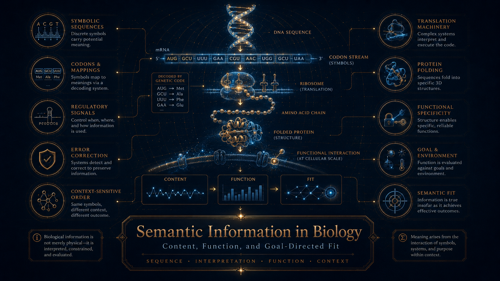 AI-generated visualization of semantic information in biology, showing DNA sequence, codons, translation machinery, protein folding, regulatory signals, function, context, and fit.