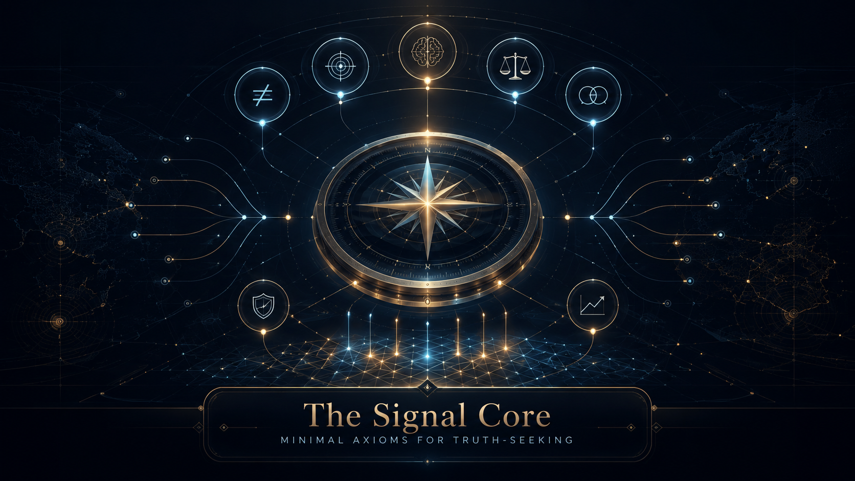 AI-generated visualization of The Signal Core, with a compass-like truth-seeking center and icons for minimal axioms such as non-contradiction, evidence, mind, moral judgment, coherence, and tested convergence.
