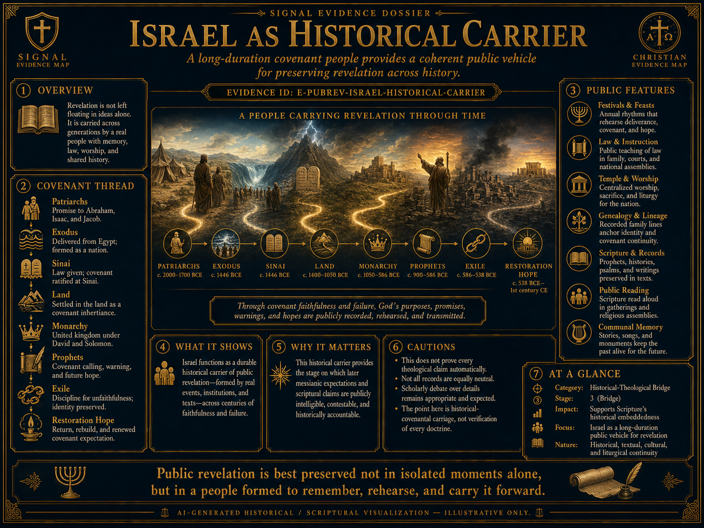 Israel as a long-duration historical carrier of revelation visual overview. AI-generated conceptual / historical visualization - illustrative only, not a facsimile or proof. Presented inside a Christian evidence map.