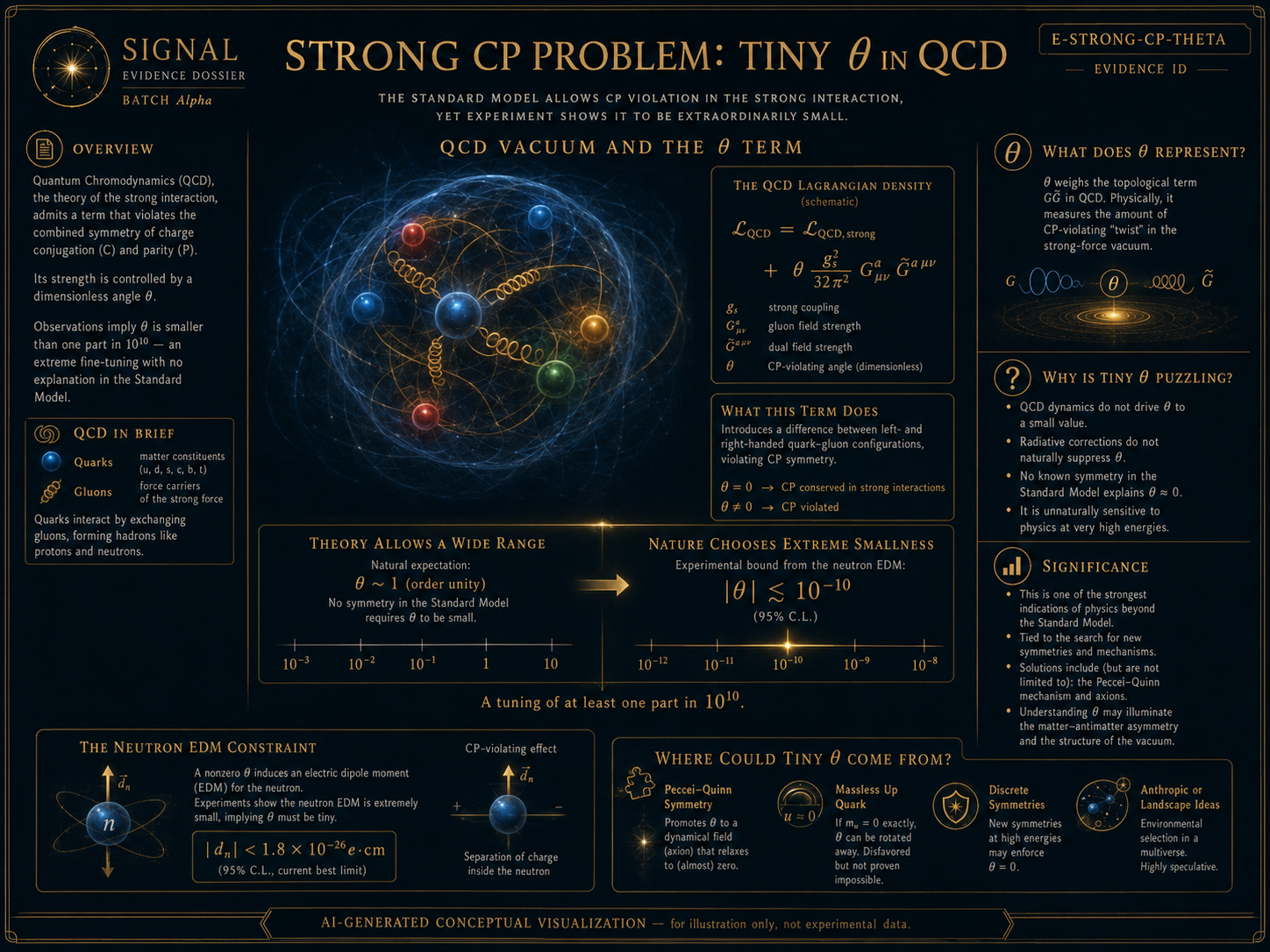 AI-generated conceptual visualization of the strong CP theta problem in quantum chromodynamics, showing quarks, gluons, neutron electric dipole limits, symmetry, and naturalness.