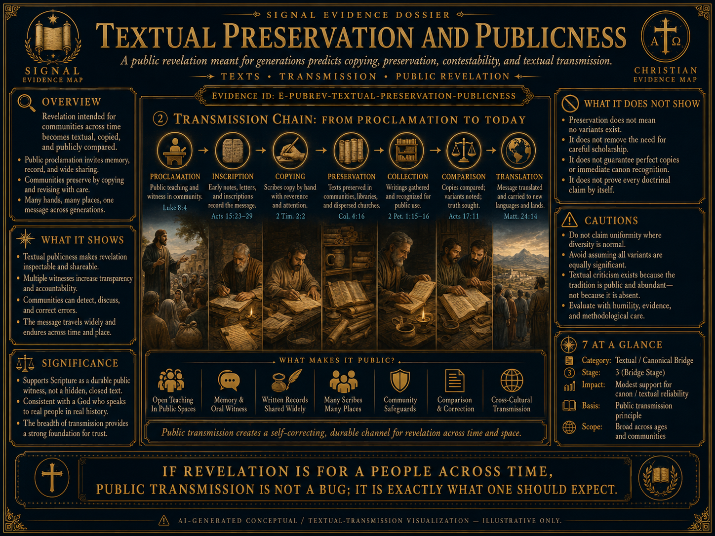 Textual preservation and the publicness of revelation visual overview. AI-generated conceptual / textual visualization - illustrative only, not a manuscript facsimile or proof. Presented inside a Christian evidence map.