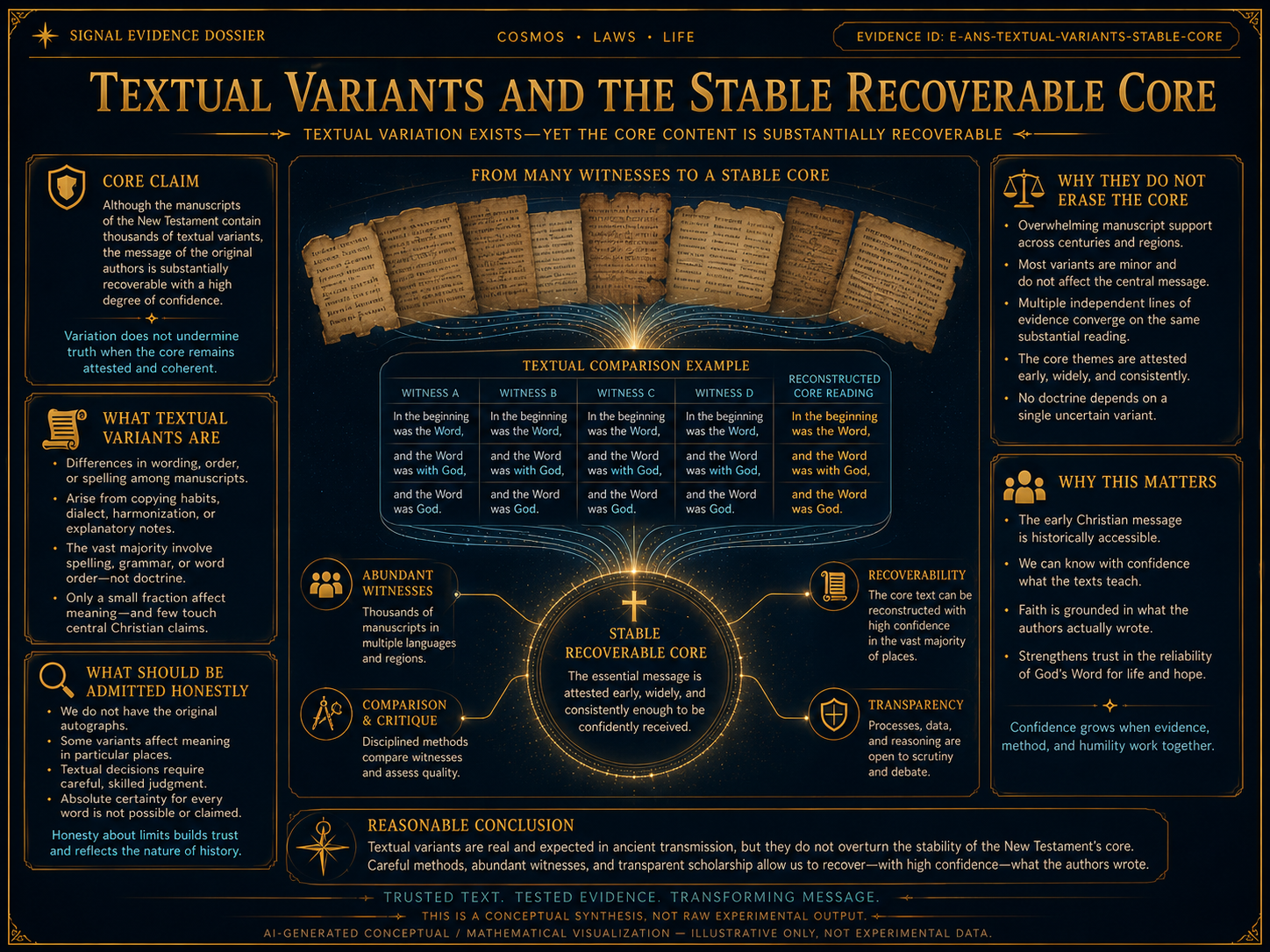 AI-generated comparative visualization for Textual variants and the stable recoverable core. Illustrative only, not experimental data.