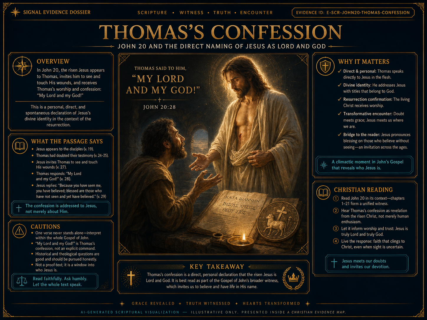 AI-generated conceptual visualization for John 20: Thomas's confession and direct Christ identity. Illustrative only, not experimental data.