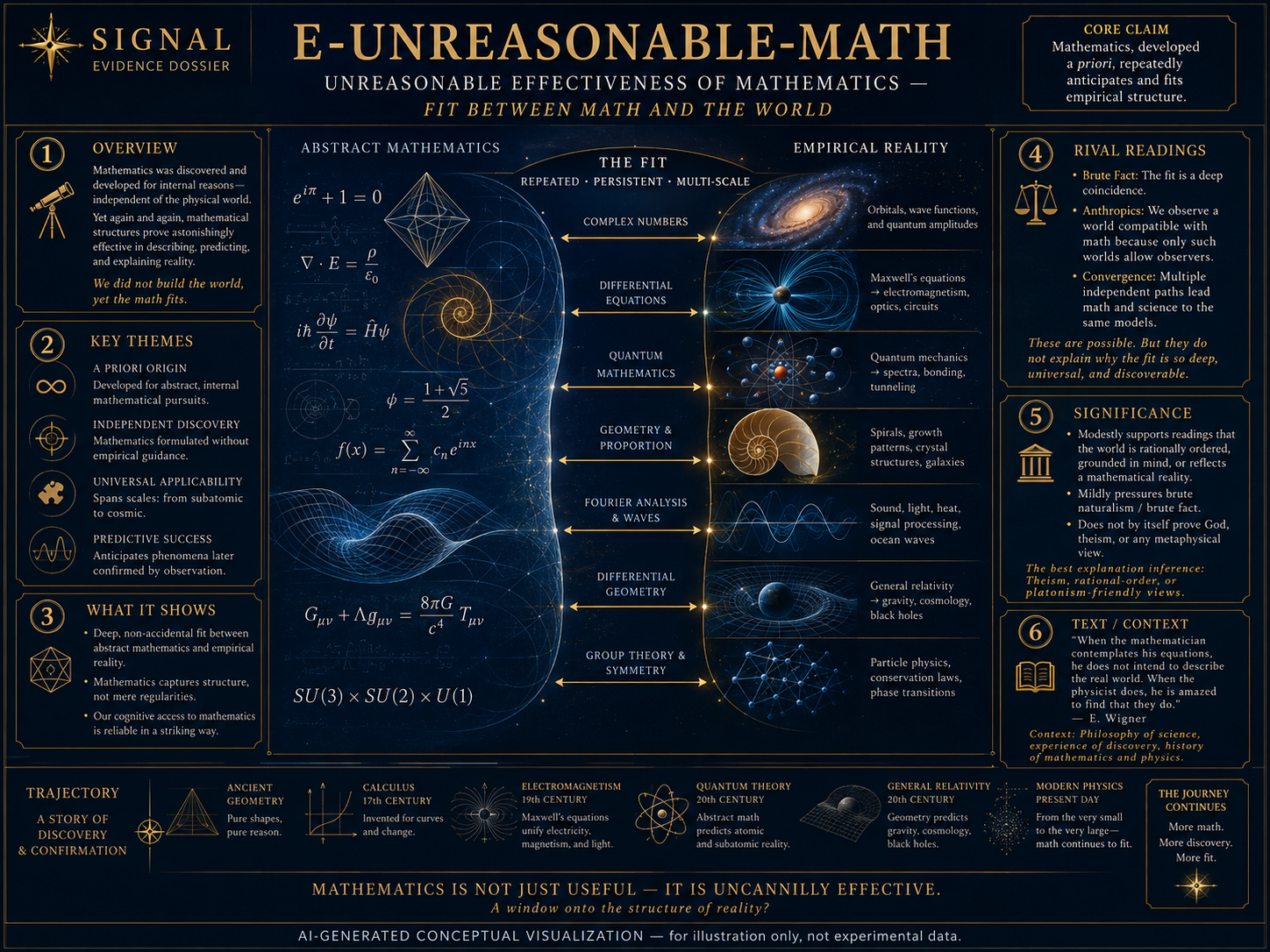 AI-generated conceptual visualization of the unreasonable effectiveness of mathematics, showing mathematical structure, physical law, prediction, and the intelligibility of the natural world.