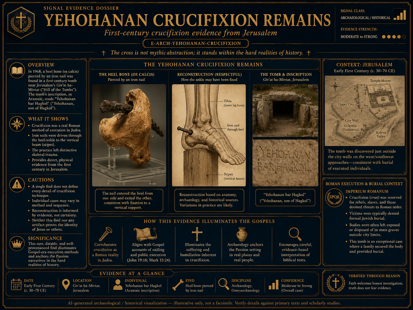 Yehohanan Crucifixion Evidence Infographic visual overview for Yehohanan crucifixion remains (ankle nail). AI-generated historical / archaeological visualization ? illustrative only, not a facsimile. Verify details against primary sources and scholarly studies.