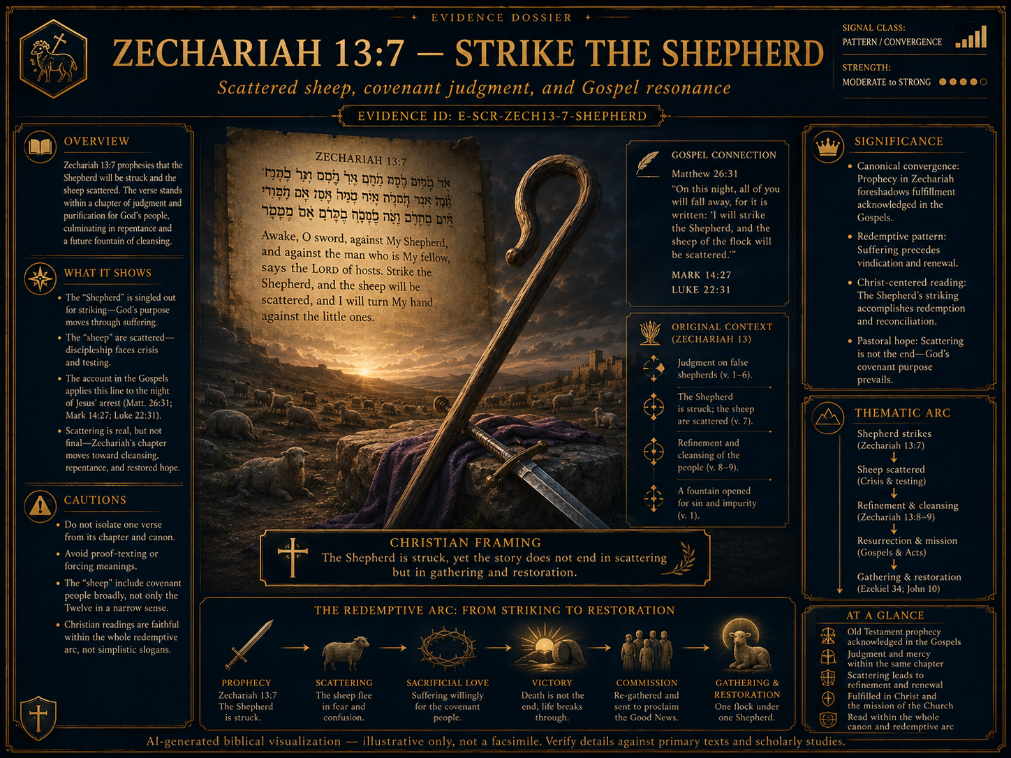 Zechariah 13 7 The Shepherd Struck visual overview for Zechariah 13:7: strike the shepherd. AI-generated biblical / historical visualization ? illustrative only, not a claim of Jesus' exact physical appearance or a facsimile. Verify details against Scripture, primary sources, and scholarly studies.